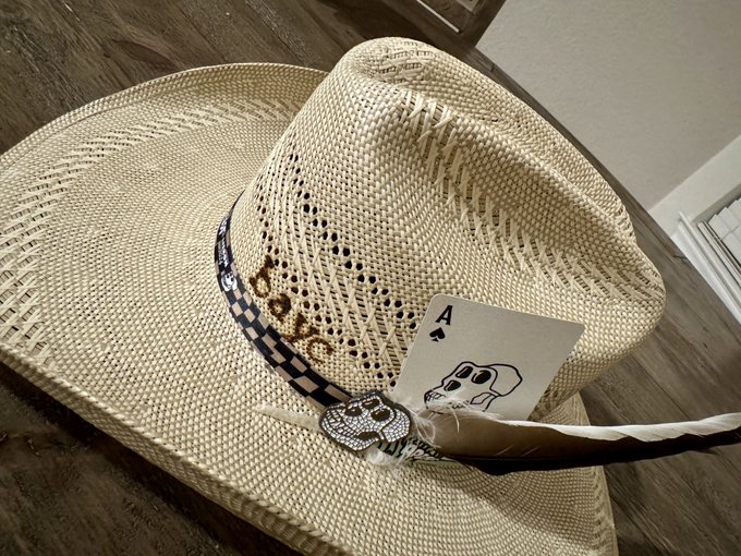 A straw cowboy hat with a patterned band, decorated with a skull embellishment, a feather, and an Ace of Spades playing card.