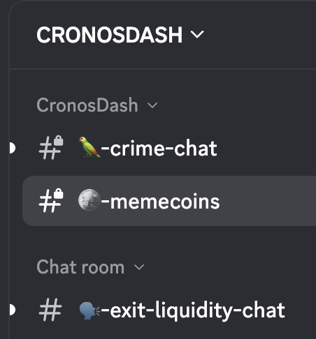 A Discord server sidebar for 'CRONOSDASH' showing channels including #-crime-chat, #-memecoins (highlighted), and #-exit-liquidity-chat under a Chat room section.