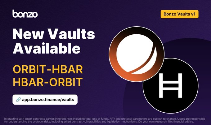 The image features a purple background with white text that reads "Two new Bonzo Vaults have launched: $ORBIT-$HBAR & $HBAR - HBAR". The text also includes links to the respective apps, which are Bonzo Finance's Vault 1 and Vault 2. These apps allow users to manage their assets in a more efficient manner by automating certain tasks and providing insights into market trends.
