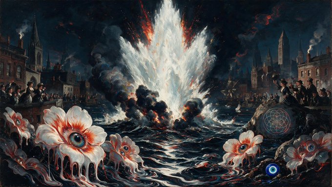 A dramatic, dark-toned painting depicts a massive explosion in the middle of a city harbor, with an 18th-century audience watching from balconies, while large unsettling flowers with eye-like centers bloom in the foreground waves, alongside a geometric sigil on a rock.