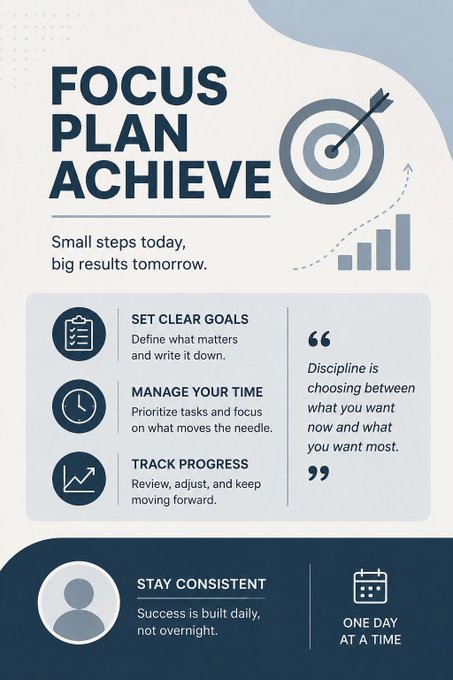 A motivational infographic titled 'FOCUS PLAN ACHIEVE' with tips like 'Set Clear Goals' and 'Manage Your Time,' featuring a quote about discipline.