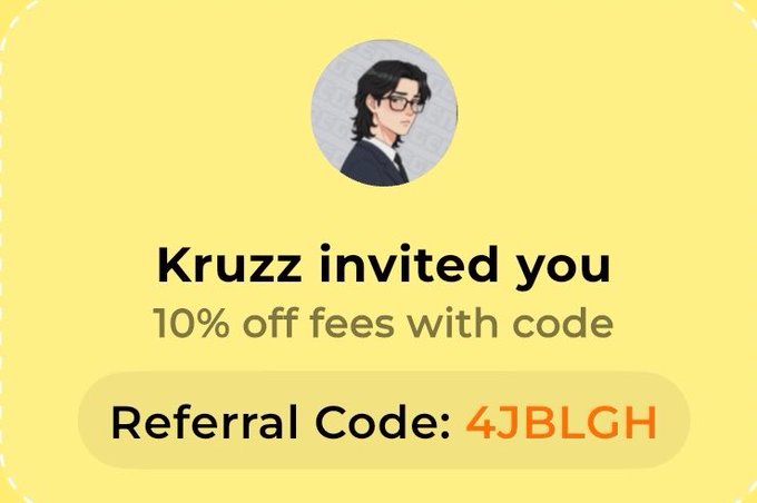 A yellow referral card says “Kruzz invited you,” offers “10% off fees with code,” and displays “Referral Code: 4JBLGH” beneath an illustrated avatar.