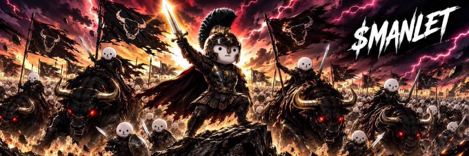 A chibi-style warrior with a mohawk helmet leads an army of demonic figures and skull-headed riders into battle under a stormy, lightning-filled sky, with the "$MANLET" logo prominently displayed in the top right—visually representing the meme coin's "small but mighty warrior" energy referenced in the post about the token reaching $480K.