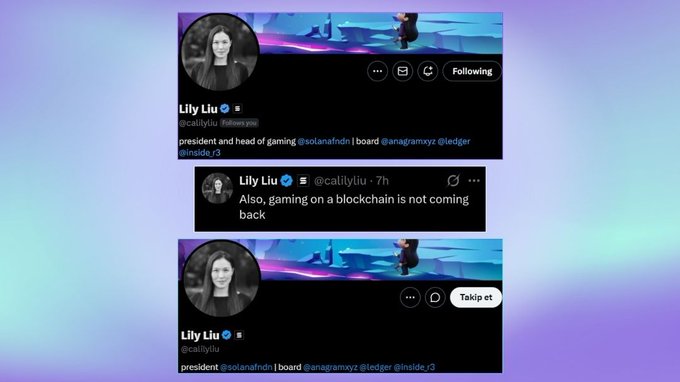 Twitter profile screenshots of 'Lily Liu' (@calilyliu), president and head of gaming at @solanafdn, with a tweet stating 'gaming on a blockchain is not coming back'.
