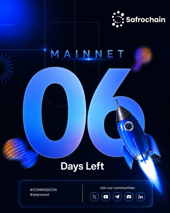 A promotional graphic for Safrochain announcing 'MAINNET' with a large '06 Days Left' countdown, a blue rocket illustration, and social media icons for X, YouTube, Telegram, Discord, and LinkedIn.