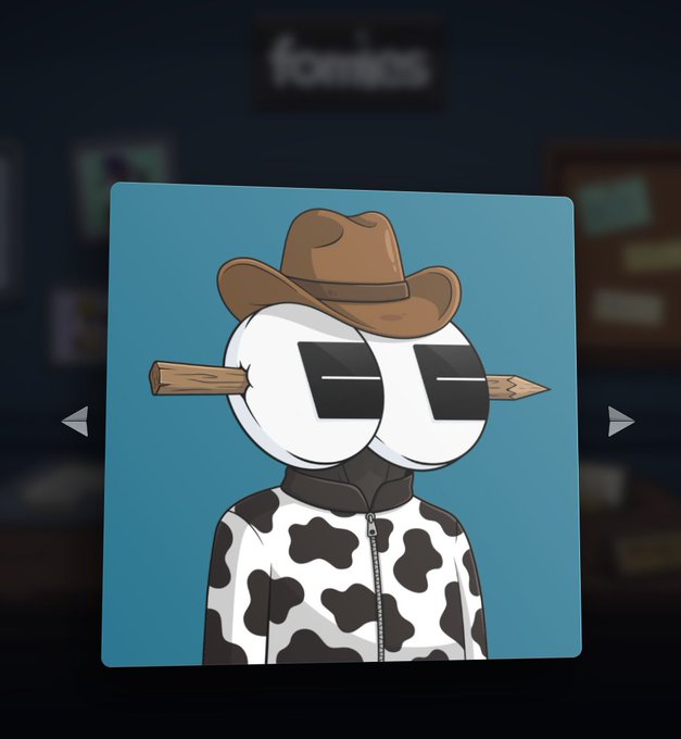 Cryptocurrency profile icon featuring a cartoon character with two large eyes, wearing a brown cowboy hat and a black-and-white cow-print jacket, set against a blue background.