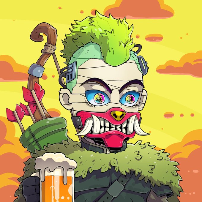 A cartoon character with bandaged face, glowing blue eyes displaying kanji, green mohawk, fanged mouth, and a bow on its back holds a frothy beer mug, with Japanese characters "上方" and "肆" visible in the eyes—aligning with the post's promotion of the "Doons" NFT collection launching on Robinhood.
