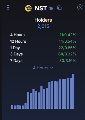 The image shows NST token holder statistics with 2,615 total holders, displaying 4-hour net gains of 11 holders (0.42%), 12-hour gains of 14 (0.54%), 1-day gains of 22 (0.85%), 3-day gains of 84 (3.32%), and 7-day gains of 80 (3.16%), accompanied by a bar chart showing the 4-hour trend. The post's claim that this is filtered Solana-only data excluding exchange and other chain holders supports the narrative of NST being a low-cap conviction play with organic holder growth.