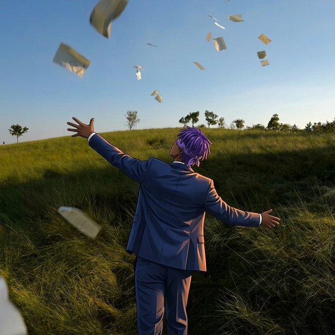 An anime-style character with purple hair wearing a blue suit stands in a grassy field, reaching up as papers flutter in the sky.
