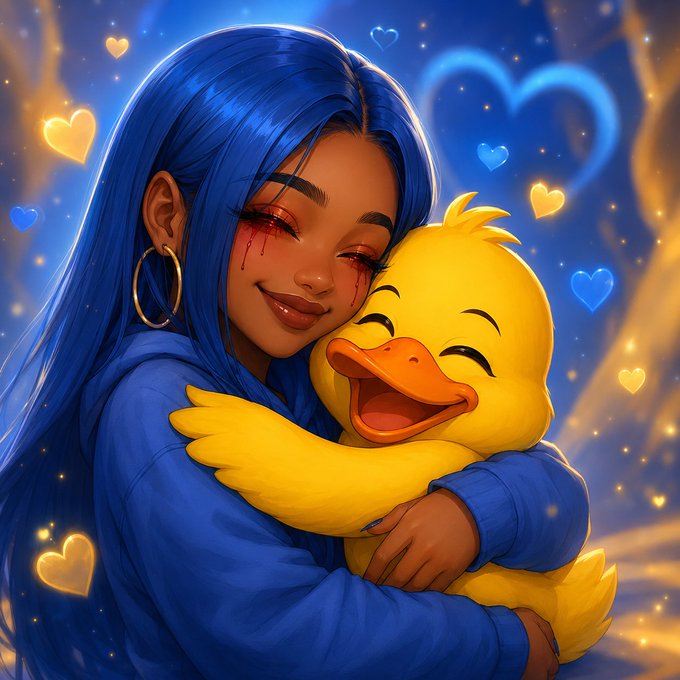 A digital illustration of a woman with long blue hair, wearing a blue hoodie and crying pink tears, happily hugging a smiling yellow duck plushie, surrounded by glowing hearts.