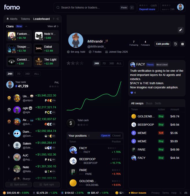 A dashboard interface for 'fomo' showing a leaderboard of traders, portfolio positions including $FACY, $BEEBPOOP, and $PARE, and a portfolio performance chart.