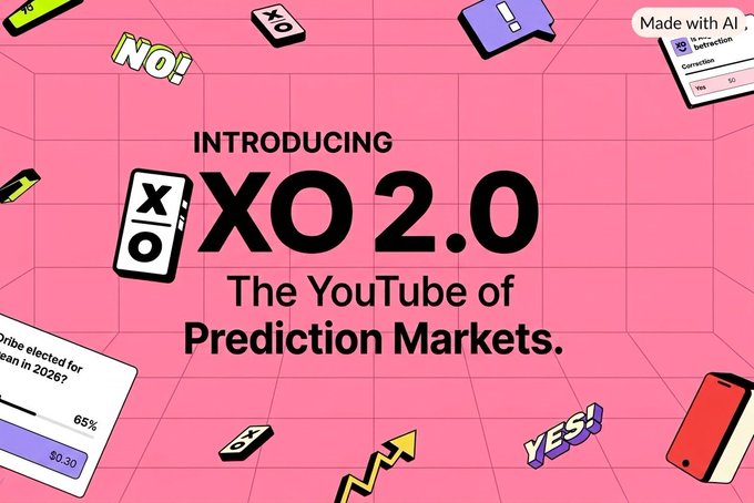 A pink promotional graphic introducing 'XO 2.0 The YouTube of Prediction Markets' with various UI elements like 'NO!', 'YES!', and a sample market question about tribal elections in 2026.