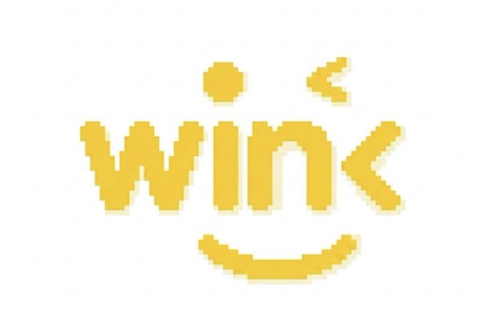 The image displays a pixel-art style logo featuring the word "wink" in yellow blocky letters, with a dot above the "i" and a winking face design beneath the text. It represents the WINkLink brand mentioned in the post, which highlights the platform's role as an oracle solution that bridges real-world information to smart contracts on the blockchain.