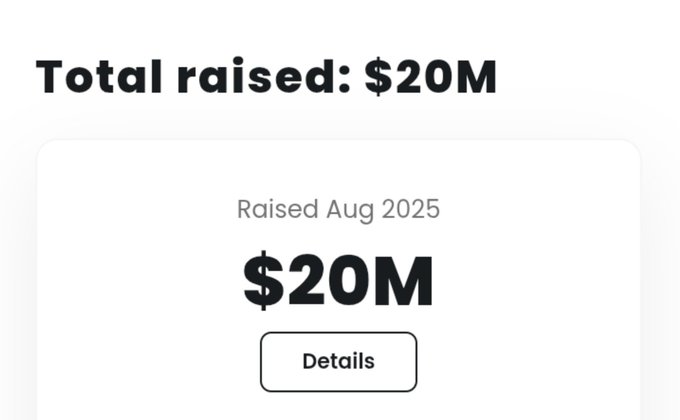 The image shows a fundraising summary card displaying "Total raised: $20M" raised in August 2025, with a Details button. This visually confirms the $20M funding figure mentioned in the post about RialoHQ, a developer-first Layer 1 blockchain building toward an airdrop points program.