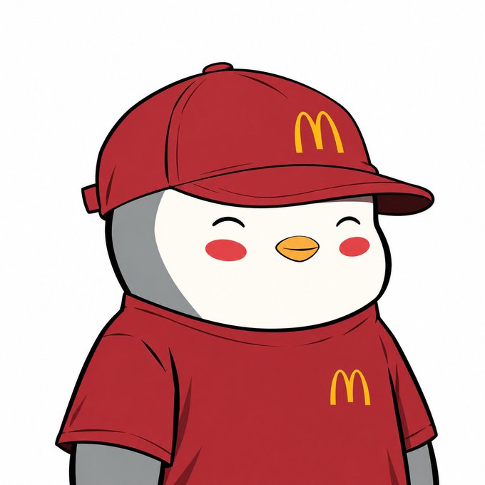 A cute cartoon penguin wearing a red McDonald's cap and matching red t-shirt featuring the golden 'M' logo.