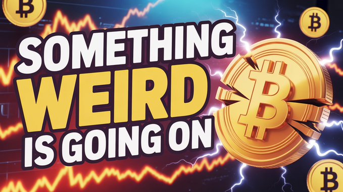 The image features a gold coin with a lightning bolt on top, surrounded by numerous Bitcoins scattered throughout the scene. The text "Something Weird Is Going On" is written above the coin, while the phrase "Crypto Market Sell Off" is below it. The Bitcoin coins are in various sizes and positions, creating an interesting visual effect. The image seems to be related to a post about cryptocurrency or the crypto market, as suggested by the title of the post.