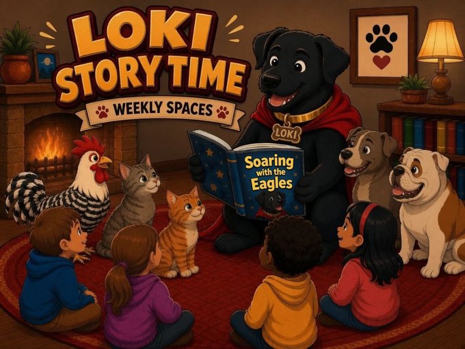 An illustrated cartoon scene titled 'LOKI STORY TIME WEEKLY SPACES' shows a black dog wearing a red cape reading 'Soaring with the Eagles' to a group of children and animals around a fireplace.