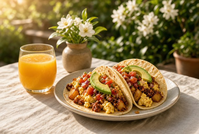 Two scrambled egg tacos topped with avocado and pico de gallo on a plate, accompanied by a glass of orange juice and a vase of white flowers on a sunlit table.