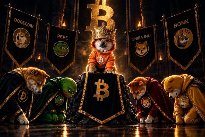 A dog wearing a crown and a Bitcoin-emblazoned hoodie sits enthroned on a Bitcoin-symbol pedestal, flanked by kneeling figures in robes representing memecoins including 'DOGECOIN', 'PEPE', 'SHIBA INU', and 'BONK'.