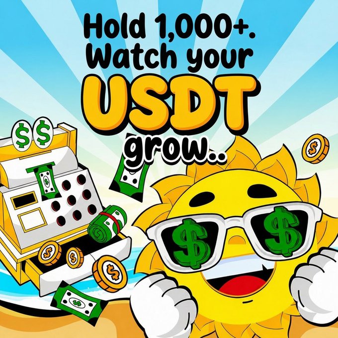 A cartoon sun smiles confidently while wearing dollar-sign sunglasses, surrounded by cash, coins, and a cash register, with bold text reading "Hold 1,000+. Watch your USDT grow." The image plays on the post's theme of $SUMMER (a sun-themed memecoin) as a promising next big opportunity, visually suggesting that holding 1,000+ tokens could turn your USDT into "rays" of profit.