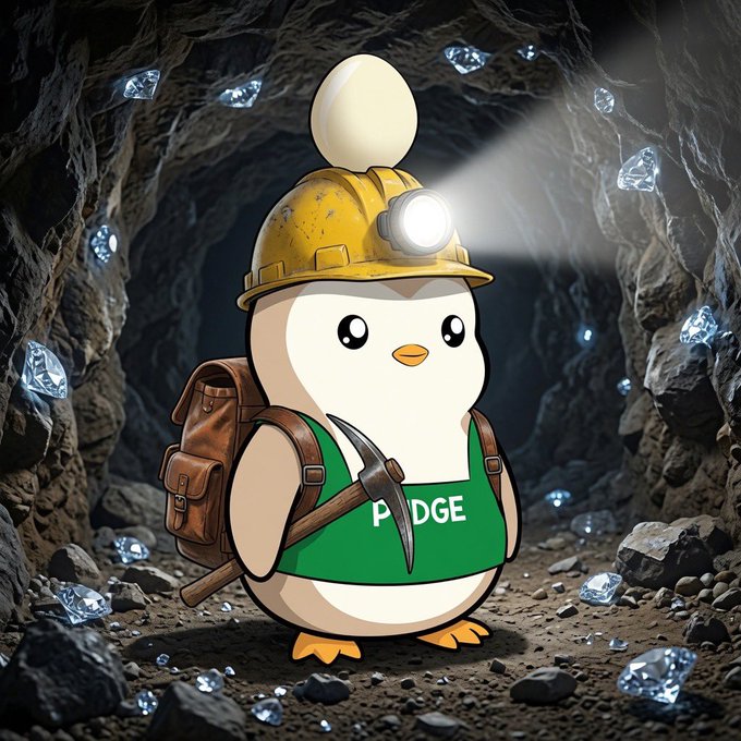 An illustration of a cute cartoon penguin dressed as a miner, wearing a yellow hard hat with a headlamp, a green shirt partially reading 'P DGE', a backpack, and holding a pickaxe, standing in a dark cave filled with glowing blue crystals.
