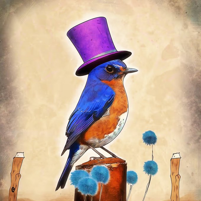 A vibrant bluebird with an orange chest wears a purple top hat while perched on a wooden stump, surrounded by whimsical blue pom-pom flowers and wooden posts against a vintage parchment background—capturing the playful "degen" spirit of the post's nod to Base blockchain nostalgia through its classic gentleman's attire symbolizing the optimistic "based" era being fondly revisited.