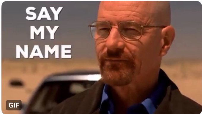 The image is a popular "Say My Name" GIF meme featuring Bryan Cranston as Walter White from *Breaking Bad*, with the text "SAY MY NAME" displayed prominently.

It relates to the post because the iconic "Say My Name" meme is another widely used Chinese internet reaction GIF, fitting the theme of memes—much like cat memes—being popularized and shared across social media this year.