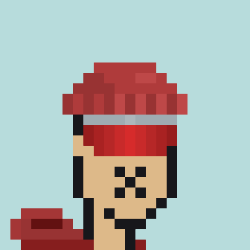 Pixel art depiction of a bearded man wearing a red turban and red garment, smiling against a light blue background.