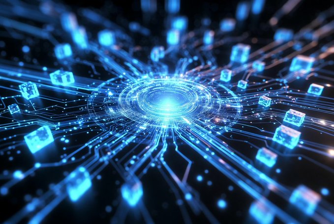 A digital artwork depicting a glowing blue circuit board or technological network with a bright central core and radiating light patterns.