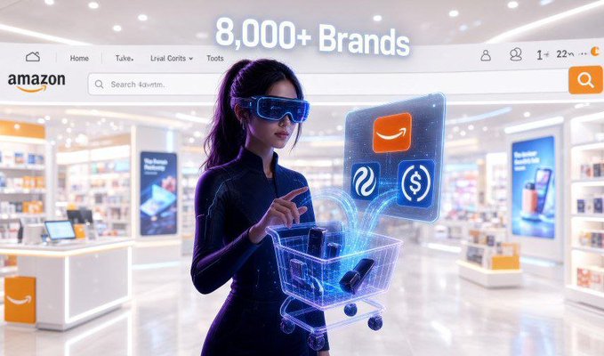 A futuristic digital advertisement shows a woman in VR goggles interacting with a holographic shopping cart beneath the text '8,000+ Brands' and the Amazon logo.
