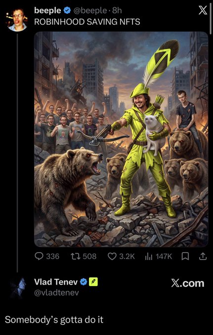 A tweet from Beeple (@beeple) showing an AI-generated image of Robin Hood saving NFTs amid attacking bears, captioned "ROBINHOOD SAVING NFTS," with Vlad Tenev (@vladtenev) commenting "Somebody's gotta do it." The post highlights Vlad's response to Beeple's artwork about Robinhood's potential new blockchain and its implications for reviving NFT interest.