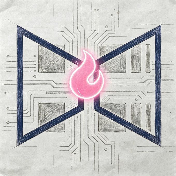 A hand-drawn sketch features the pink Firefox logo centered within a butterfly-shaped circuit board design with traces extending outward, symbolizing the open-source spirit of the Genesis Transistor Hackathon where participants create their own transistor designs on TapeOut.