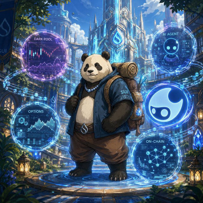 Fantasy artwork of a panda wearing a blue vest with "SUI" on it, standing in a futuristic castle courtyard surrounded by glowing holographic orbs labeled "DARK POOL," "AI AGENT," "OPTIONS," and "ON-CHAIN."
