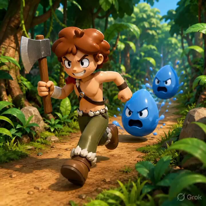 The image features a cartoon boy running through a jungle with an axe, accompanied by two blue water droplets that appear to be angry or upset. The scene takes place outdoors, surrounded by trees and plants typical of a jungle setting. The caption at the bottom of the image reads "Gm gm everyone! Happy Xp day Chads, hope you get good Xp this week I made this little cute video on Xp day celebration as I am hitting plat this week let' s goooo!".