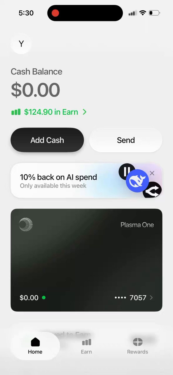 The image shows a mobile phone screen with the App Store display at its bottom left corner showing a "Home" tab. On this screen, there are three apps shown: Cash Balance for mobile payments, Send app for sending money via Paypal, and the Plasma One app which is a game called "Farming Simulator". The user has added 10% back to their AI spending using the Send app, as indicated by the green buttons on the App Store.