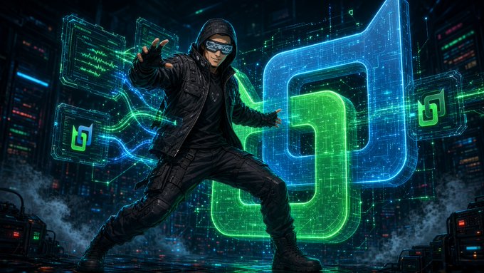 Digital artwork featuring a hooded, masked figure in tactical clothing striking a dynamic pose against a cyberpunk backdrop with glowing green and blue geometric logos.
