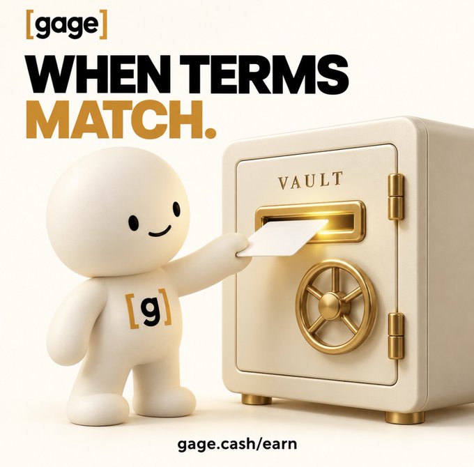 An advertisement for 'gage' featuring a 3D white character inserting a card into a cream-colored vault, with the text 'WHEN TERMS MATCH.' and 'gage.cash/earn'.
