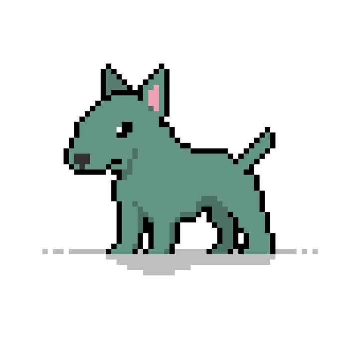 A pixel art illustration of a small green dog with pointed ears and a pink inner ear, standing in profile on a gray dashed line. The charming retro-style sprite complements the playful tone of "i have a new obsession," visually representing the user's new furry fascination.