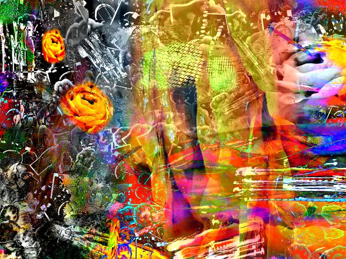 A vibrant, chaotic digital collage bursts with swirling neon colors, surreal rose-like faces, and overlapping abstract textures, evoking a psychedelic dreamscape. The accompanying link to objkt.com suggests this is a generative or NFT artwork hosted on the Tezos blockchain marketplace, where such kaleidoscopic digital creations are often minted and traded.