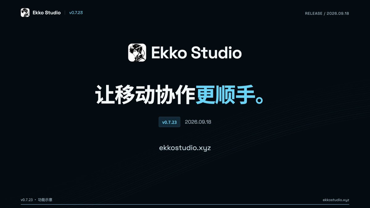 Dark promotional screen for 'Ekko Studio v0.7.23' with Chinese text '让移动协作更顺手。' and the website ekkostudio.xyz.