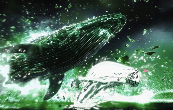 An anime-style image depicts a giant whale and a trolling face character, representing the meme $Troll and its widespread influence. The visual emphasizes the meme's pervasive presence, linking it to influential figures and institutions.