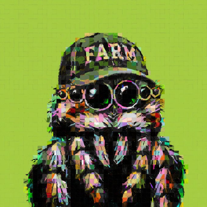A colorful, glitch-style digital artwork of a figure wearing a cap labeled 'FARM' and round goggles, set against a bright lime green background.