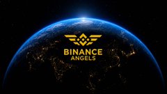 The Binance Angels logo is displayed in gold lettering over a view of Earth from space against a starry black background.