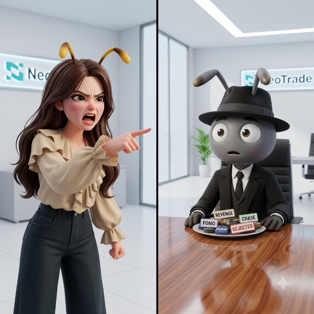 A split image showing an angry woman with bee-like antennae pointing accusingly at an ant-like figure in a suit and hat sitting at a desk with plates labeled 'FOMO', 'REVENGE', 'CHASE', and 'REJECTED', with 'NeoTrade' logos in the background of an office setting.