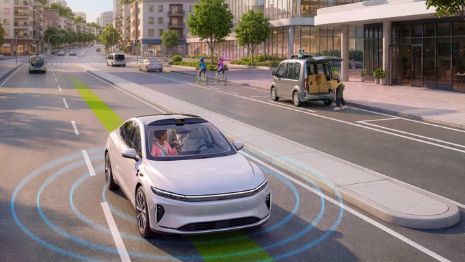 A promotional image shows a white electric vehicle with sensor waves detecting a bicyclist and other road users on an urban street.