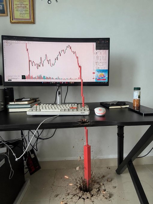 The image shows a computer desk with a desktop computer, keyboard, mouse, and several books scattered around. There are also two bottles placed on the desk - one near the top right corner of the desk and another towards the bottom left corner. The desk appears to be in a state of disarray or damage, possibly due to an explosion that occurred under it.

The post about Bitcoin prices is related to this scene because it suggests that someone might have been trying to sell Bitcoin using the computer as their platform. However, the explosion on the desk indicates that something went wrong during the process, resulting in a chaotic and potentially dangerous situation.