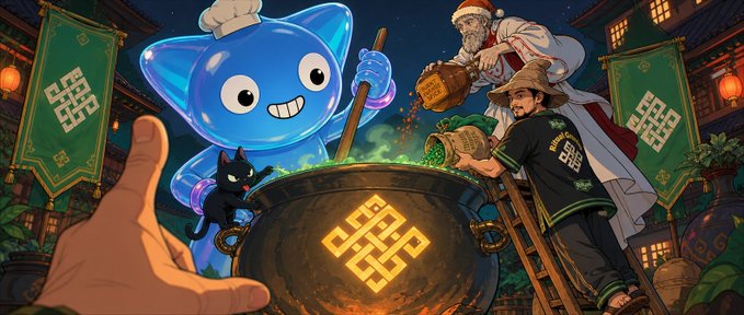 A vibrant fantasy illustration showing a blue cat-like chef stirring a glowing golden cauldron with an endless knot symbol, alongside a white-bearded figure and another character pouring ingredients, decorated with red lanterns and traditional Asian motifs.