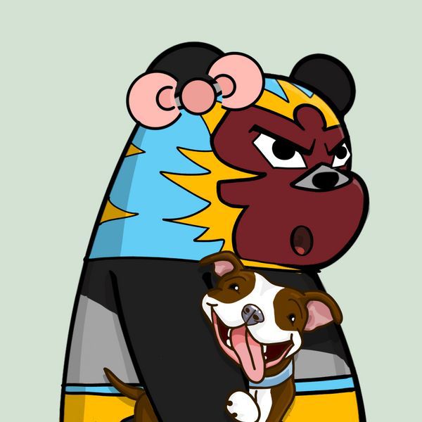 The image shows two cartoon animals, a dog and a monkey with blue fur, both wearing matching outfits. The monkey is holding the dog in its arms, giving an impression of a loving bond between the two. The scene also contains text that reads "Times are tough but we're still here and bullish AF! At the moment you can grab a from the floor for ~~$5 in GMEGLDF ~~~~~~~~~~". This seems to be some kind of advertisement related to a toy or merchandise, featuring these cartoon characters as the main attraction.