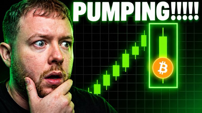 A man with a surprised expression and his hand on his chin is featured alongside bold text reading "FINALLY!!!!!! THE BITCOIN BULL RUN HAS BEGUN!!!!!!!" The image also displays a green upward-trending candlestick chart and a Bitcoin logo, visually emphasizing the excitement around the cryptocurrency's price surge mentioned in the post.