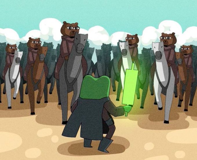 A frog warrior with a glowing green sword faces off against a legion of bear-riding knights, symbolizing a bold move into the NFT market. The "Mint of the Day" image captures the adventurous spirit of adding toons to one's collection.